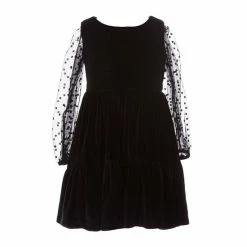 Flash Sale 🛒 Rare Editions Little 👧 Girls 2T-6X Long Sleeve Clip Dot Mesh Velvet Tired Illusion 👗 Dress Black 💯