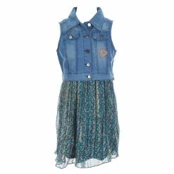 Cheapest ๐ฏ Rare Editions Big ๐ง Girls 7-16 Denim Vest & Ditsy Print Pleated Chiffon ๐ Dress Set Teal ๐งจ