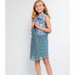 Cheapest 💯 Rare Editions Big 👧 Girls 7-16 Denim Vest & Ditsy Print Pleated Chiffon 👗 Dress Set Teal 🧨 -Rare Editions Shop unnamed file 475