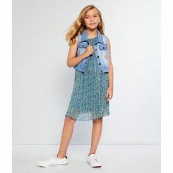 Cheapest 💯 Rare Editions Big 👧 Girls 7-16 Denim Vest & Ditsy Print Pleated Chiffon 👗 Dress Set Teal 🧨 -Rare Editions Shop unnamed file 477