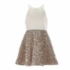Flash Sale 👏 Rare Editions Big 👧 Girls 7-16 Bow-Back Mikado/Sequin Fit-And-Flare 👗 Dress Gold 🌟