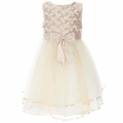 Hot Sale 🤩 Rare Editions Little 👧 Girls 2T-6X Sleeveless Satin Ribbon Basket Weave Bow Detail Tiered Mesh 👗 Dress Taupe 🤩