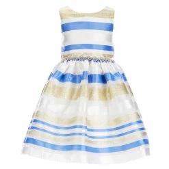 Cheapest 🔥 Rare Editions Little 👧 Girls 2T-6X Sleeveless Striped Metallic Burnout Organza Embellished Waist Pleated 👗 Dress Periwinkle ✨