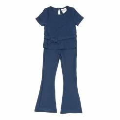 Cheapest 😍 Rare Editions Big 👧 Girls 7-16 Lurex Knit Short Sleeves Belted Top & Bell Pants 2-Piece Set Navy 🔔