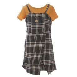 Best Sale 🔔 Rare Editions Big 👧 Girls 7-16 Sleeveless Menswear-Plaid Knit Jumper 👗 Dress, Solid Short-Sleeve Tee & Necklace 3-Piece Set Mustard 👏