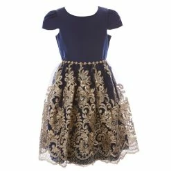 Promo 🤩 Rare Editions Big 👧 Girls 7-16 Satin Embroidered Cord Mesh 👗 Skirt 👗 Dress Navy 🤩