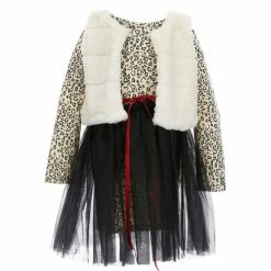 Best Pirce 🔥 Rare Editions Little 👧 Girls 2T-6X Long Sleeve Cheetah Bodycon Glitter Ribbon Tutu 👗 Skirt 👗 Dress & Faux Fur Vest 2-Piece Set Ivory 🌟
