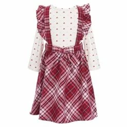 Best Pirce 🥰 Rare Editions Little 👧 Girls 2T-6X Long-Sleeve Heart Printed Top With Plaid Fleece Jumper 👗 Dress Mauve/white 🥰