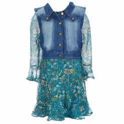 Budget 🔔 Rare Editions Big 👧 Girls 7-16 Long-Sleeve Printed Chiffon 👗 Dress With Denim Vest Set Teal 🤩