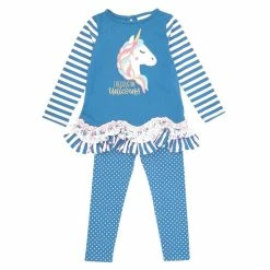 Best Sale 😀 Rare Editions Little 👧 Girls 2T-6X Long-Sleeve Mixed-Media Unicorn-Face-Applique Tunic & Dotted Leggings 2-Piece Set Blue 🥰