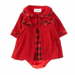 Brand new 🌟 Rare Editions Baby 👧 Girls 3-24 Months Long-Sleeve Lurex-Knit 🧥 Coat & Short-Sleeve Buffalo-Check Fit-And-Flare 👗 Dress Red 🔔