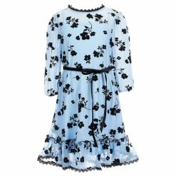 Hot Sale ⌛ Rare Editions Big 👧 Girls 7-16 Long Sleeve Floral Flocked Mesh Lace Trim 👗 Dress Periwinkle 👏
