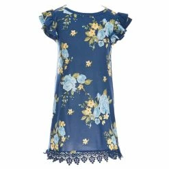 Flash Sale 😍 Rare Editions Little 👧 Girls 2T-6X Flutter-Sleeve Crochet Trimmed Floral-Printed Sheath 👗 Dress Navy 👏