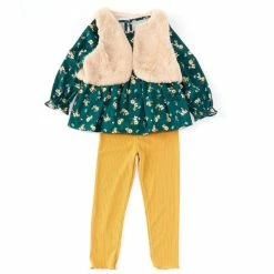 Buy 🎁 Rare Editions Little 👧 Girls 2T-6X Sleeveless Faux-Fur Vest, Long-Sleeve Clip-Dot/Floral Top & Solid Leggings 3-Piece Set Hunter 👏