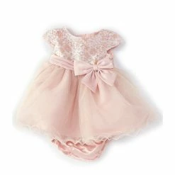 Best deal 💯 Rare Editions Baby 👧 Girls 3-24 Months Cap Sleeve Brocade Bow Front Wire Hem 👗 Dress Blush 🎁