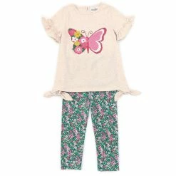 Outlet 🎉 Rare Editions Little 👧 Girls 2T-6X Short-Sleeve Butterfly-Applique Tunic Top & Floral Leggings Set Oatmeal 🧨