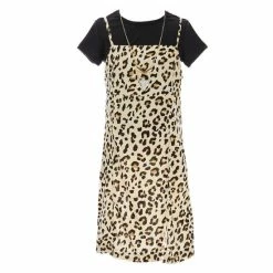 Best Pirce ✨ Rare Editions Big 👧 Girls 7-16 Short Sleeve Tee Cheetah Print 👗 Dress Coordinating Necklace & Scrunchie 2-Piece Set Tan 🥰