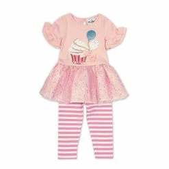 Cheapest 😉 Rare Editions Baby 👧 Girls 12-24 Months 🥳 Birthday Tutu Cupcake And Balloons Quarter Sleeve Top & Striped Leggings 2-Piece Set Pink 🤩