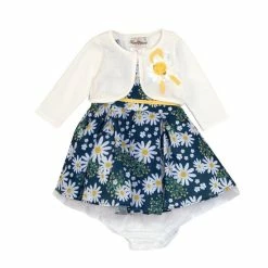 Hot Sale 😀 Rare Editions Baby 👧 Girls 3-24 Months Printed Floral Daisy Poplin Ruffles Cardigan 👗 Dress Navy 👍