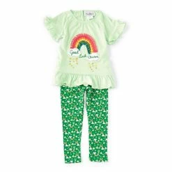 Cheapest 👍 Rare Editions Little 👧 Girls 2T -6X Short Ruffle Sleeve Good Luck Charm Rib Knit Top & Printed Leggings 2-Piece Set Green ✨
