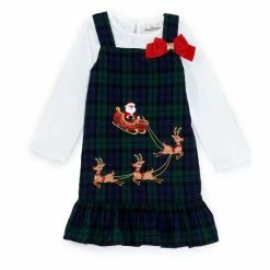 Top 10 ⭐ Rare Editions Little 👧 Girls 2T-6X Plaid Santa On Sleigh And Reindeer Jumper Over Rib Knit Top 👗 Dress Hunter Green 🔥