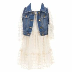 Promo 🎁 Rare Editions Little 👧 Girls 2T-6X Sleeveless Denim Vest & Bell-Sleeve Embroidered Mesh 👗 Dress 2-Piece Set Ivory 🧨