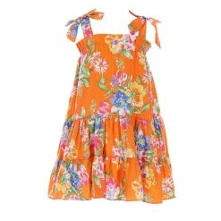 Deals 🔥 Rare Editions Little 👧 Girls 2T-6X Sleeveless Tie-Bow Floral Printed Tiered Babydoll 👗 Dress Orange ⭐