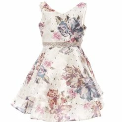 Brand new 💯 Rare Editions Big 👧 Girls 7-16 Sleeveless Floral Dotted Metallic Mikado 👗 Dress Taupe ✨