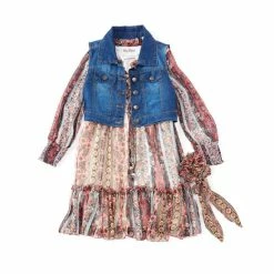 Budget ✨ Rare Editions Big 👧 Girls 7-16 Sleeveless Denim Vest & Mixed-Media Long-Sleeve Fit-And-Flare 👗 Dress Two Piece Set Magenta 🧨 -Rare Editions Shop unnamed file 661