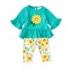 Outlet 🤩 Rare Editions Baby 👧 Girls 3-24 Months Solid 3/4 Sleeve Appliqued Tee & Printed Leggings 2-Piece Set Teal ⌛