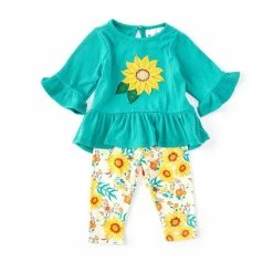 Outlet 🤩 Rare Editions Baby 👧 Girls 3-24 Months Solid 3/4 Sleeve Appliqued Tee & Printed Leggings 2-Piece Set Teal ⌛