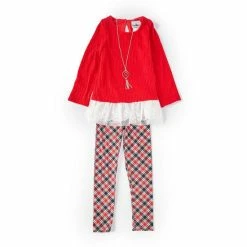 Best Sale 💯 Rare Editions Big 👧 Girls 7-12 Textured Knit Lace Top & Plaid Printed Leggings 2-Piece Set 💯