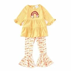 Deals 🛒 Rare Editions Little 👧 Girls 2T-6X 3/4-Sleeve Rainbow-Appliqued Tunic Top & Printed Flare-Leg Leggings 2-Piece Set Mustard 😉
