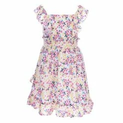 Discount 😍 Rare Editions Little 👧 Girls 4-6X Sleeveless Square Neck Floral Ruffle 👗 Dress Ivory ⭐