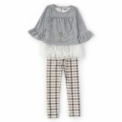 Hot Sale ⌛ Rare Editions Big 👧 Girls 7-12 Ruffle-Trimmed Knit Tunic Top & Plaid Knit Leggings 2-Piece Set Gray 👏