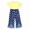 Promo 🥰 Rare Editions Big 👧 Girls 7-16 Tiered 3/4 Sleeve Solid Knit Top & Dotted Pants Set Yellow/navy ❤️