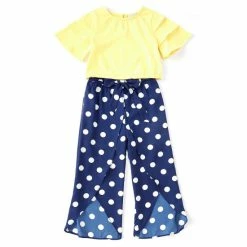 Promo 🥰 Rare Editions Big 👧 Girls 7-16 Tiered 3/4 Sleeve Solid Knit Top & Dotted Pants Set Yellow/navy ❤️