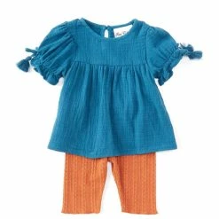 Wholesale 🌟 Rare Editions Baby 👧 Girls 3-24 Months Short-Sleeve Tunic Top & Printed Stretch Corduroy Capri Leggings 2-Piece Set Teal 🧨