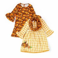 Outlet 🔔 Rare Editions Big 👧 Girls 7-16 Pumpkin-Printed Shift 👗 Dress & Checked A-Line 👗 Dress Two Piece Set Brown 💯