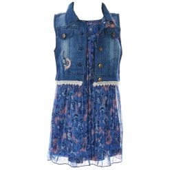 Discount โ๏ธ Rare Editions Little ๐ง Girls 2T-6X Lace Trimmed Denim Vest & Sleeveless Metallic-Floral Chiffon Pleated ๐ Dress 2-Piece Set Blue โญ
