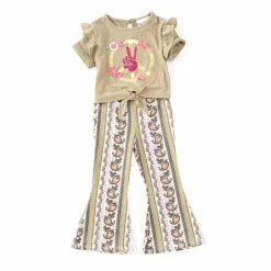 Flash Sale 🌟 Rare Editions Little 👧 Girls 2T-6X Solid Peace Sign Tee & Mixed-Media Printed Flare-Leg Leggings 2-Piece Set Olive Multi ❤️