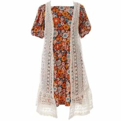Best deal ⌛ Rare Editions Big 👧 Girls 7-16 Sleeveless Crocheted Long Vest, Puffed-Sleeve Retro Floral Shift 👗 Dress & Feather Necklace Set Multi 👍