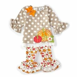 Hot Sale 🥰 Rare Editions Baby 👧 Girls 3-24 Months Raglan-Sleeve Large-Dot Tunic 👪 Thanksgiving Pumpkin Tunic Top & Printed Leggings Set Gray 😀