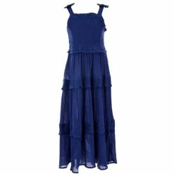 Coupon 👏 Rare Editions Big 👧 Girls 7-16 Smocked-Bodice Tiered-Skirted Long Textured-Gauze 👗 Dress Navy 💯