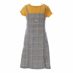 Coupon โค๏ธ Rare Editions Big ๐ง Girls 7-16 Sleeveless Plaid Challis Jumper ๐ Dress, Short-Sleeve Knit Top, Necklace & Hair Bow 4-Piece Set Mustard/plaid โ๏ธ