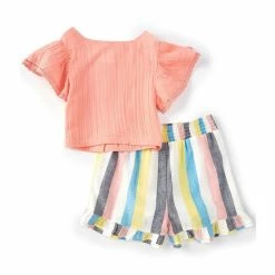 Top 10 🔥 Rare Editions Big 👧 Girls 7-16 Solid Flutter-Sleeve Top & Yarn-Dyed-Striped Shorts 2-Piece Set Coral Multi 🎁 -Rare Editions Shop unnamed file 778