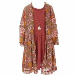 Promo 🛒 Rare Editions Big 👧 Girls 7-16 Long-Sleeve Floral-Printed Dobby Kimono, Waffle Knit Fit-And-Flare 👗 Dress & Necklace Set Red/floral 🧨
