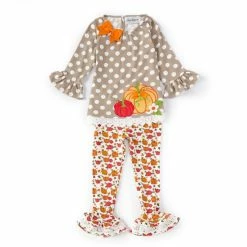 Outlet ✔️ Rare Editions Little 👧 Girls 2T-6X Long-Sleeve Dotted Pumpkin-Appliqued Tunic Top & Pumpkin-Printed Leggings Two Piece Set Gray 🛒