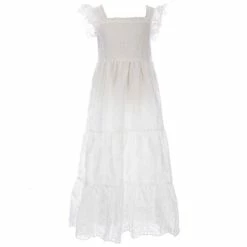 Deals 👍 Rare Editions Big 👧 Girls 7-16 Flutter-Sleeve Eyelet-Embroidered Tiered Long 👗 Dress Ivory 👍