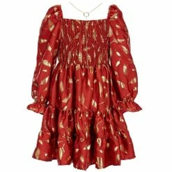 Discount 😀 Rare Editions Big 👧 Girls 7-16 Long Sleeve Foil Feather Smocked Bodice Tiered 👗 Dress & Coordinating Necklace Rust Red 🧨